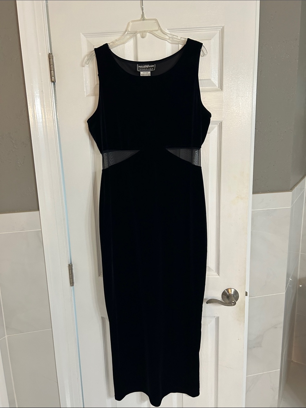 New Directions Black Velvet Midi Dress with Mesh Side Insets